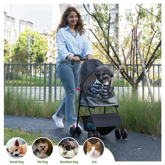 Petzaroo Dog Stroller – Foldable Gray and Black Pet Carrier with Canopy for Small Puppies