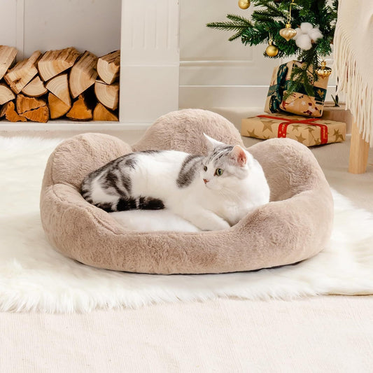 Fluffy Round Cat Bed by Petzaroo – Plush Couch with Non-Slip Base for Kittens and Cats