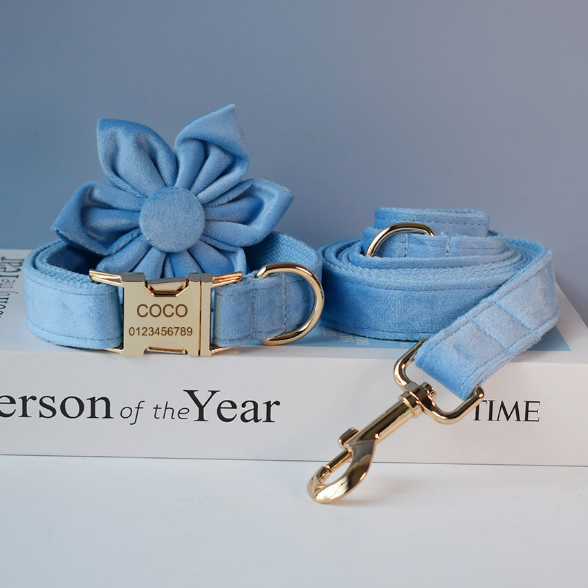 Petzaroo Blue Velvet Dog Collar, Leash & Bow Tie