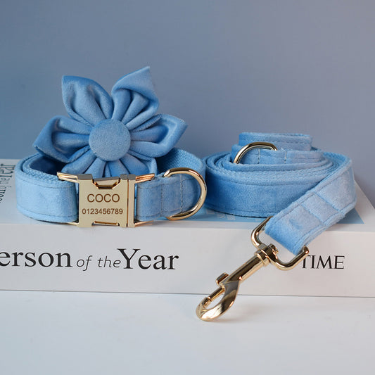 Petzaroo Blue Velvet Dog Collar, Leash & Bow Tie