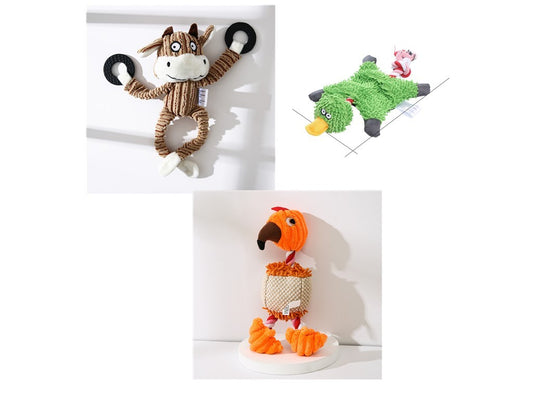 three plush corduroy pet chew toys designed as animals, including a donkey, a bird, and a bear, displayed against a white background.