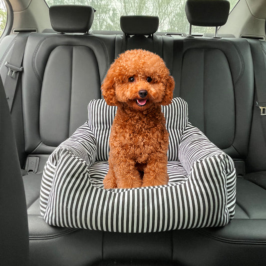 Petzaroo Striped Car Booster Nest – Comfortable and Stylish Travel Seat for Small Dogs and Cats, Soft Elevated Pet Car Bed
